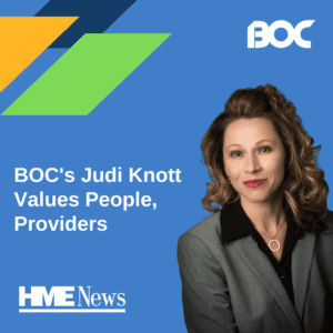 picture of incoming BOC CEO Judi Knott, with BOC and HMENews logos, descriptive text in white, stripes in blue, yellow and green
